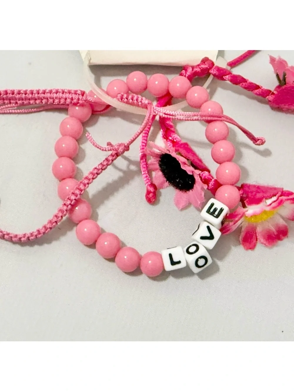 Set of 3 Bracelets Pink Floral, Bead with LOVE Charm & and Infinity Rope